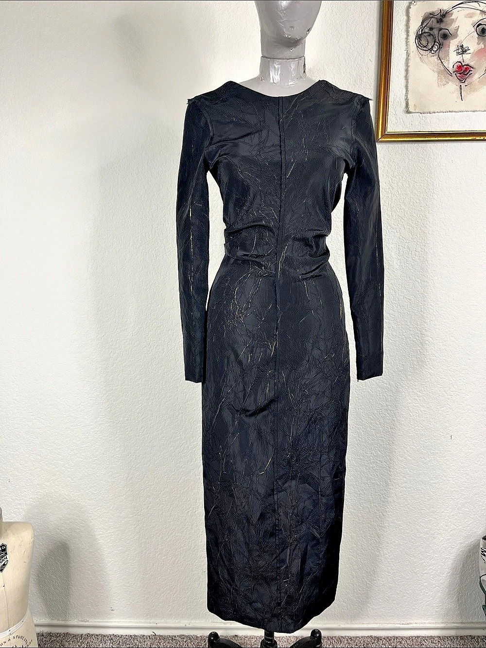 ZARA Collection Long Sleeve V Low Back Gold Crinkle Midi Dress Size XS NWT 2024